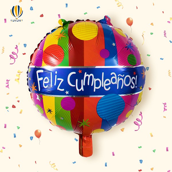 18″ okrugli oblik Feliz Cumpleaños balon sa ravnim trakama od folije
