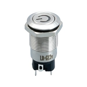 Przełącznik zatrzaskowy o długości 12 mm, krótki korpus, symbol zasilania, podświetlana metalowa dioda LED ze stali nierdzewnej