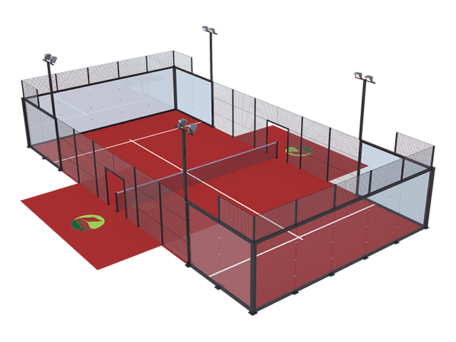 សំណុំពេញលេញនៃ Padel Tennis Court Paddle Tennis ដែលមានរចនាសម្ព័ន្ធដែក Galvanized កញ្ចក់ Tempered ស្មៅសិប្បនិម្មិត និងអំពូល LED រូបភាពពិសេស