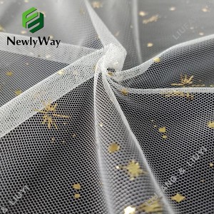 100% polyester stempling guld stjernefolie trykt tyl mesh blonde stof til kjoler