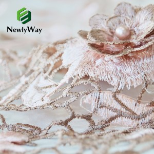 De-kalidad na French Beaded Applique Tulle Lace Embroidery Mesh Fabric Para sa Mga Party Dress