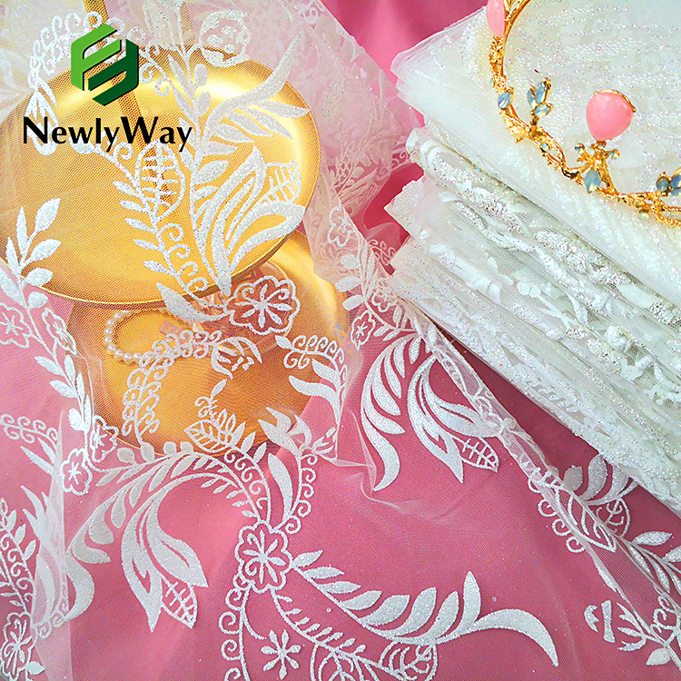 Tecido de tul de malla de encaixe con purpurina 3D de luxo para vestidos de festa de eventos de voda