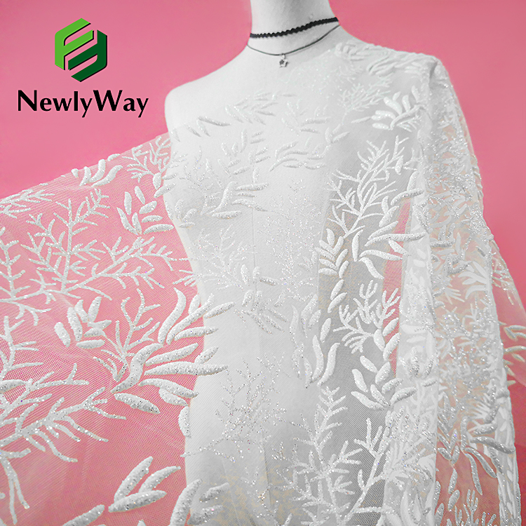 Топла распродажба Бела француска блескава секина извезена ткаенина од тул за свадба невестински фустан
