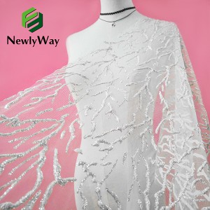 Nyankomst 100% polyester Slivery Färgglad 3D paljett glitter spets broderad gnistrande tyll tyg för eleganta bröllopsklänningar