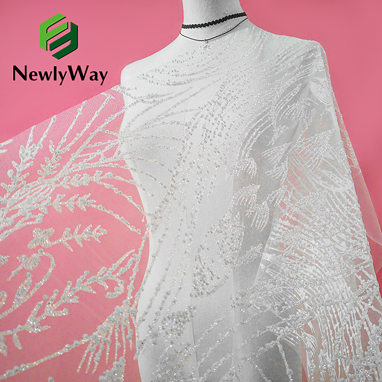 End High Elegant Frensî Sequin Tulle Lace Beads White Glitter Embroidered Fabric For Wedding Garment Skirt Dress