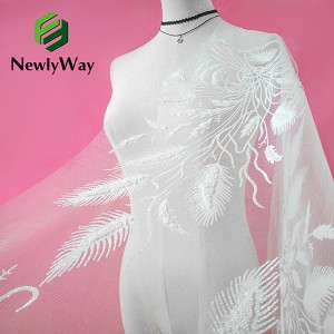 Nouvellement français 3D plume motif coloré paillettes paillettes brodé Tulle tissu pour mariage robes de mariée jupes