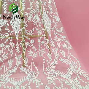 100% Poliester Elegan Lucency Pearls Beads Sequin Kilauan Kain Tulle Lace Sulam Untuk Pakaian Perkahwinan Wanita