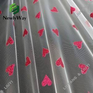 Venda de fábrica material de nailon con purpurina en forma de corazón tecido de encaixe de malla de tul para vestidos