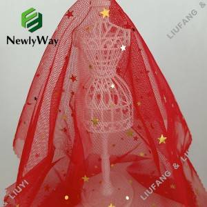 Gold Star Sequin အနီရောင် Tulle Polyester Mesh Lace Fabric