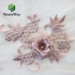 Tecido de encaixe bordado de tul con apliques 3D con perlas para facer vestidos
