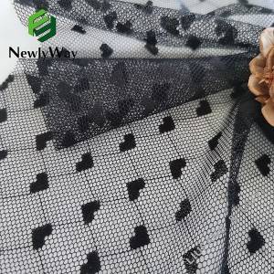 Најлон спандекс црна тантела во облик на срце, плетена мрежеста ткаенина од тул за облека