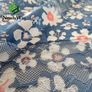 Modrá, květinově potištěná polyesterová bavlněná osnovní pletená krajková tkanina pro krejčovství