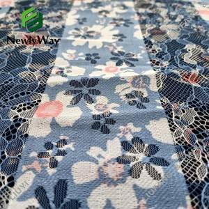 Biru floral printed polyester cotton warp rajutan mesh renda kain kanggo dressmaking