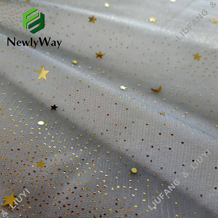 Išskirtinis blizgučių žvaigždžių ir blizgančio tiulio poliesterio tinklinis nėrinių audinys vakarinei suknelei