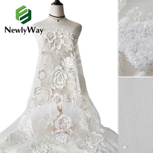 New Arrival Crystal Sequins Glitter Sliver White Sparkle Lace Form Tulle Fabric for Party Wedding Dress