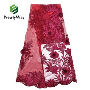 3D Applique Manik-manik Mutiara Tulle Bordir Lace Fabric kanggo nggawe gaun