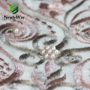 Bagong disenyong Embroidery Tulle Lace Fabric na may beaded pearls at mga bato