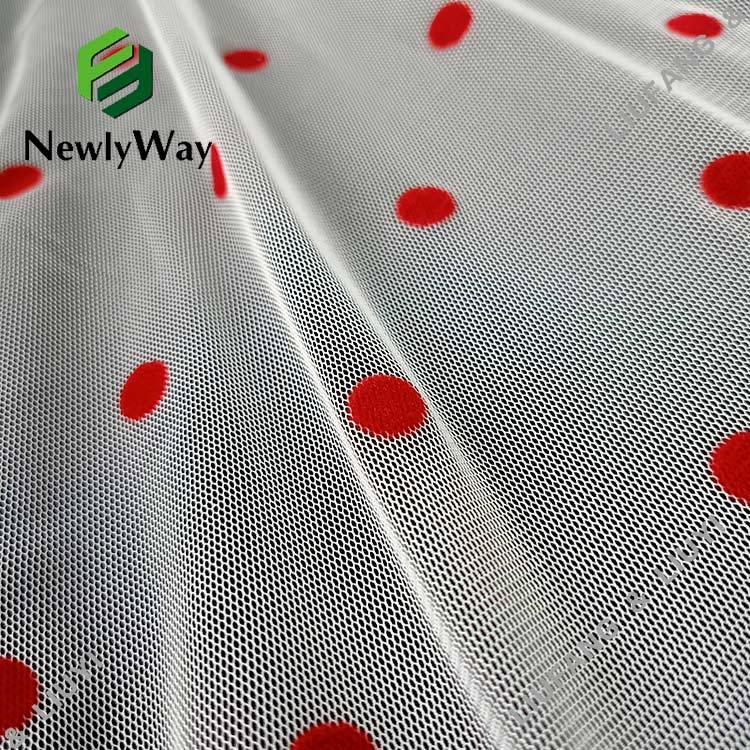 Polyester flocking big red polka dot tulle fabric for the skirts