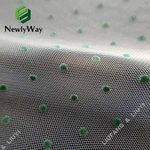 Tela de tul de nylon flocado de pequeños lunares verdes para los vestidos