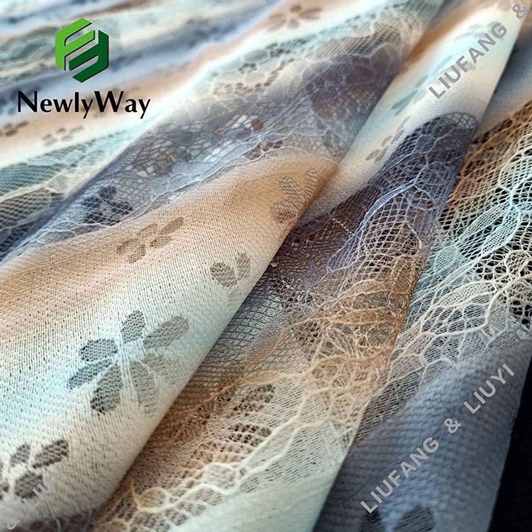 Stripe printed polyester cotton warp knitted mesh lace fabric para sa sheer shirt ng mga kababaihan