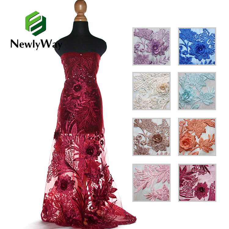 Ткаенина со тантела за изработка на фустани со 3D апликација со мониста