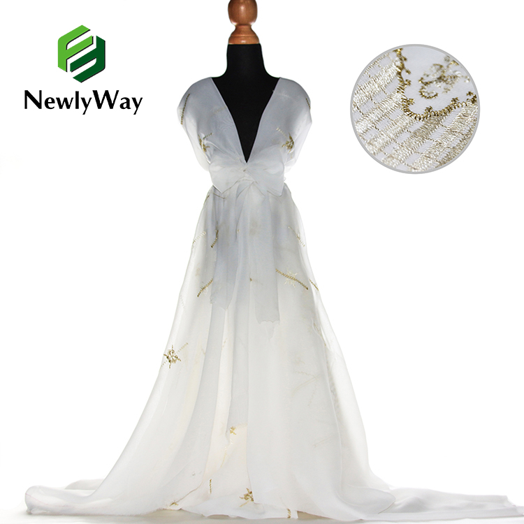 Tecido de bordado de chiffon branco fio dourado para vestidos de noiva