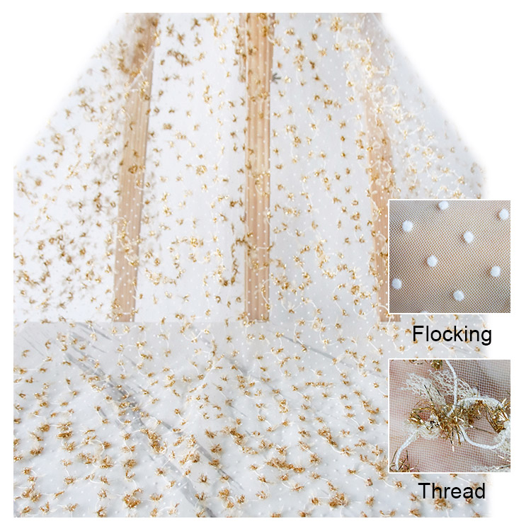 Superior Wholesale Fashionable White Flocking Ug Gold Special Cord Embroidered Lacce Tulle Fabric Para sa Matahum nga Lady Dresses