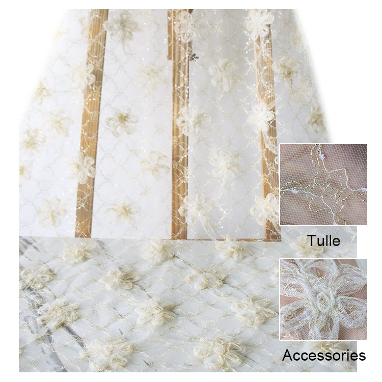 Elegent New Arrival 100% Polyester Gold Thread Disk Flower Embroidered Lace Tulle Fabric For Wedding Party Skirts Dresses