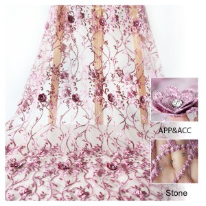 Lady Fashion Dress Pink Gown Lace Fabric Embroidery Beaded With Sequins 3D Flower Lace Embroidered Fabric