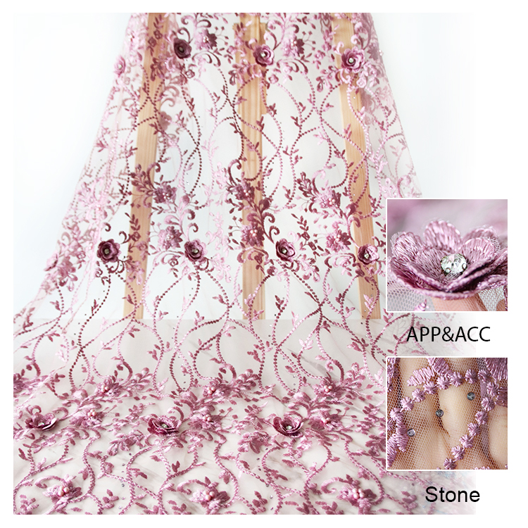 Lady Fashion Dresses Material Embroidered Lace Fabric na may appliques