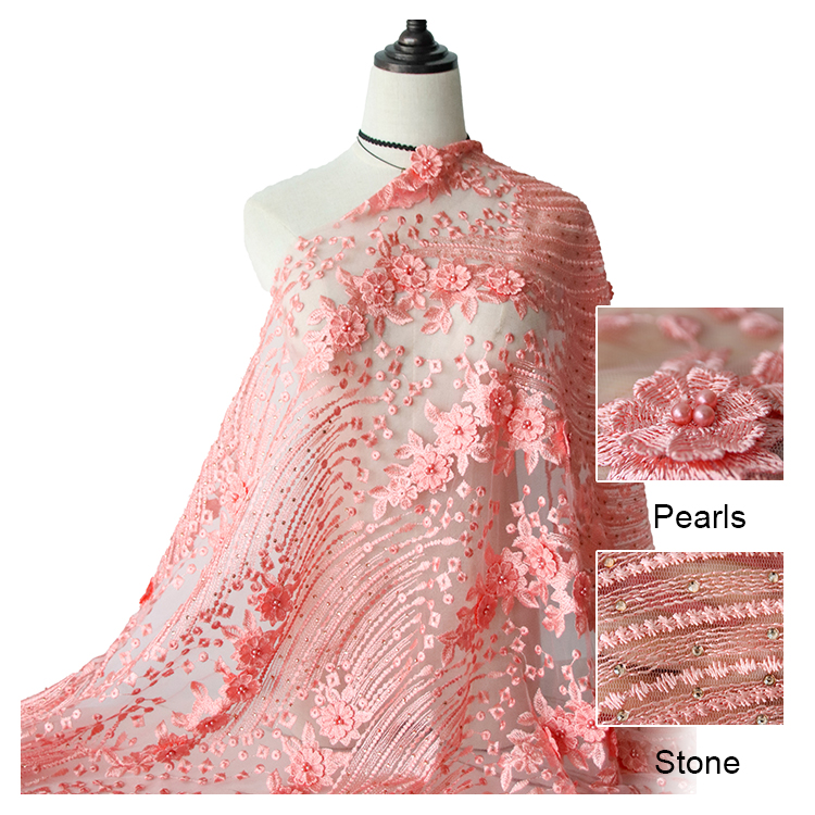 Pabrik Kustomisasi 3D Appliques Bordir French Tulle Lace Fabric