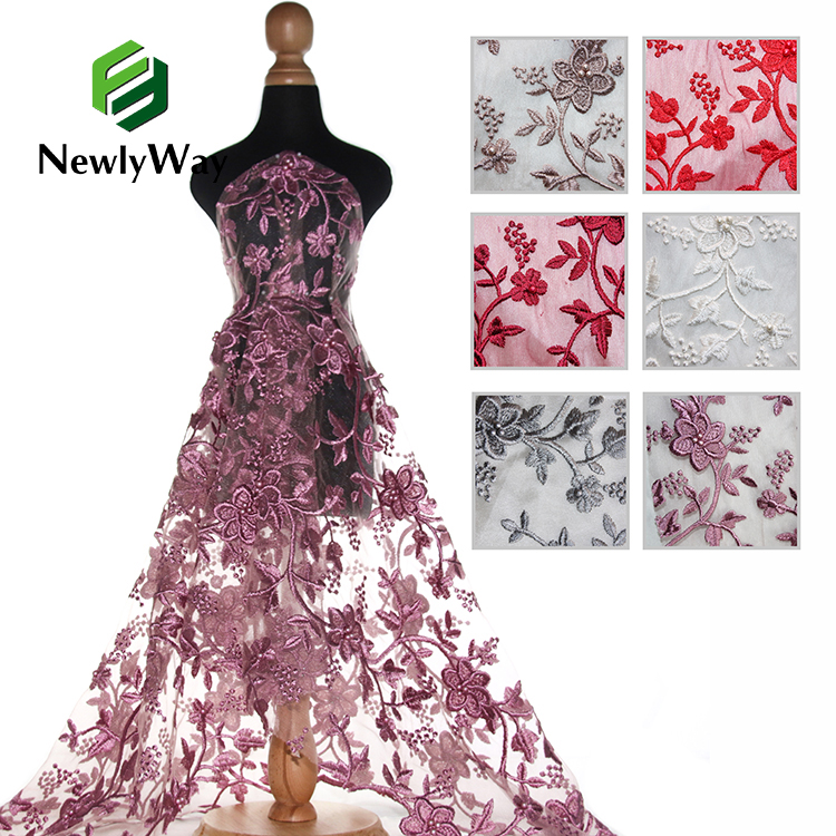 घाऊक कारखाना उत्पादक ट्यूल एम्ब्रॉयडरी फॅब्रिक लग्नाच्या ड्रेससाठी मोत्याच्या लेससह