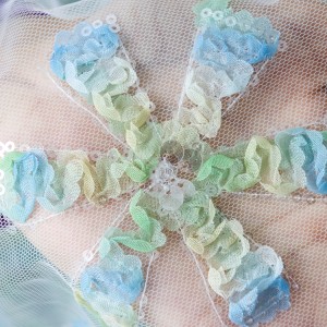 Gaya Korea Fashionable Partysu Multicolor Printing Ruffle Sequin Bordir Lace Tulle Fabric untuk Gaun Pesta