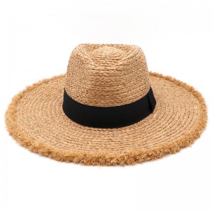 Природни сламнати панама шешири од рафије са излизаним ободом и украсима