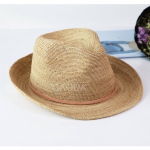 Евтина модна шапка Панама во две тонови Рафија сламена капчиња Fedora Шапка Сламена капа со кожа за унисекс