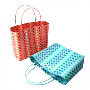 High Quality Hot Thekiso e Tummeng ka Mebala ea Plastic Woven Vegetable Basket Handbag