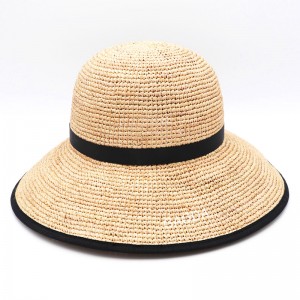 Cappello di paglia pieghevole da donna in rafia naturale con secchiello di paglia, spiaggia estiva per adulti