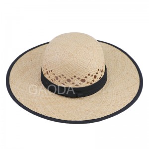 Groothandel Goedkoop Eenvoudige Sombrero Elegante handgebreide Raffia strooi plat hoed met groot rand vir vroue