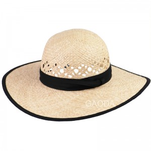 Groothandel Goedkoop Eenvoudige Sombrero Elegante handgebreide Raffia strooi plat hoed met groot rand vir vroue