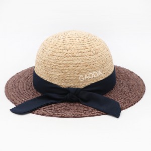 여성을위한 활과 도매 새로운 우아한 솜브레로 색상 매칭 라피아 밀짚 끈 레이디 모자 버킷 모자