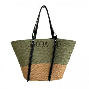 Bolso de paja de colores mezclados para mujer, bolsa de mano trenzada de papel Simple con diseño de bolso con asas de cuero, moda a granel, 2023