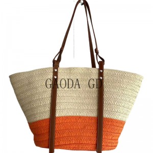 2023 Массовая мода, разноцветная соломенная сумка, дизайн, простая бумажная плетеная большая сумка для женщин с кожаными ручками, сумка-ведро