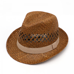 Rafia Hollow Design Unisex Retro Natirèl Paille Hat Alamòd Britanik Jazz Couple Hat