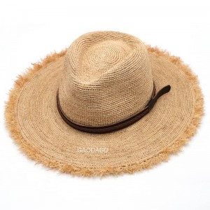 Wholesale Sun-protective Panama hat Raffia Straw Crochet Cowboy hat with Leather and Frayed Brim for Unisex