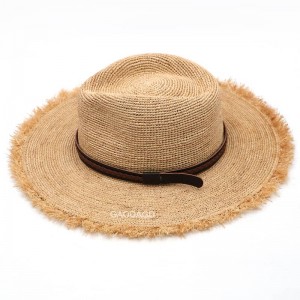 Lag luam wholesale Sun-protective Panama kaus mom Raffia Straw Crochet Cowboy kaus mom nrog Tawv thiab Frayed Brim rau Unisex