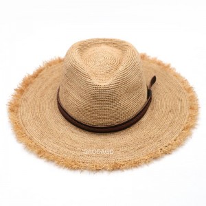 Sun-protective Panama ဦးထုပ် Raffia Straw Crochet Cowboy ဦးထုပ်၊ Unisex အတွက် သားရေနှင့် ဖွာနေသော အနားသားပါသော လက်ကား