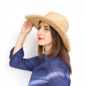 Pălărie Panama de protecție solară cu ridicata Pălărie de cowboy cu croșetat din paie de rafie, cu piele și boruri uzate pentru unisex