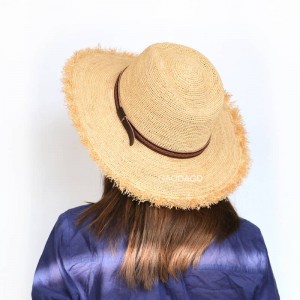 Borongan Sun-pelindung Panama hat Rafia Straw Crochet Cowboy hat kalawan Kulit jeung Frayed Brim pikeun Unisex