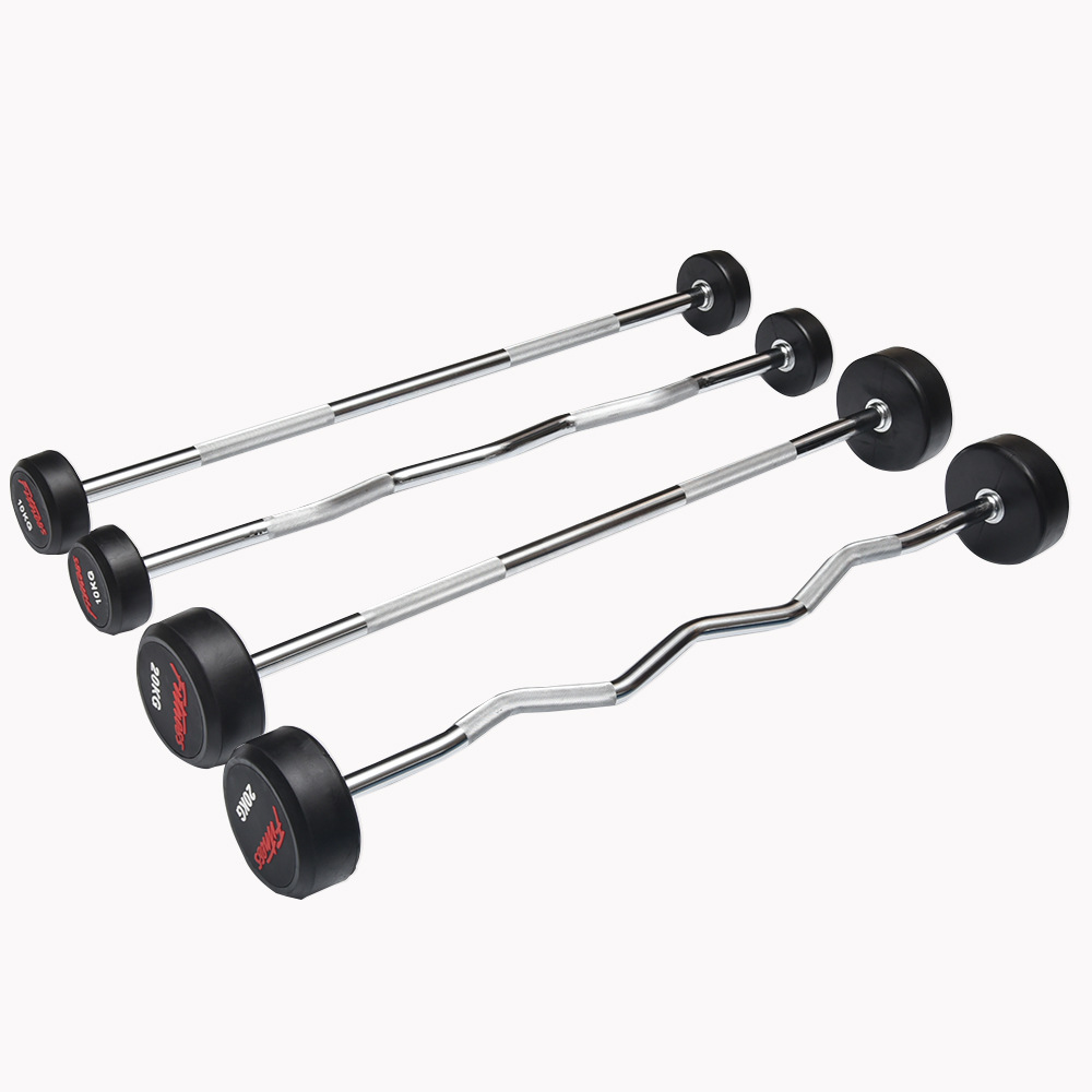 Deluxe Gym equipment fixed round rubber barbell with straight  curl bars