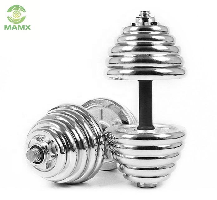 Bodybuilding fitness silver cast iron chrome rotating ajustable dumbbells